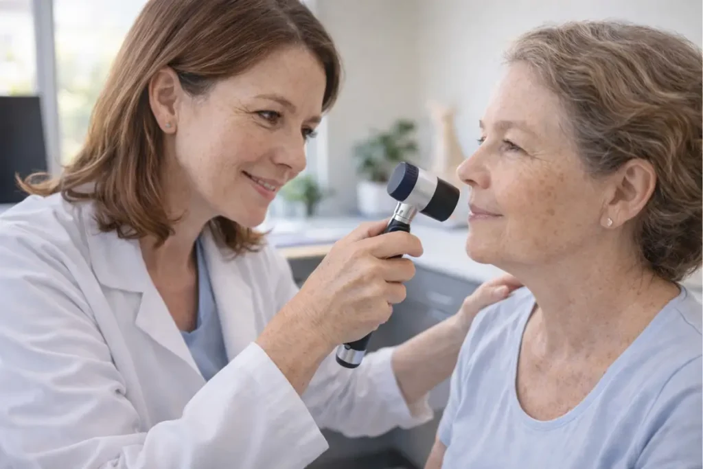Dermatologue examinant une kératose séborrhéique chez une personne senior
