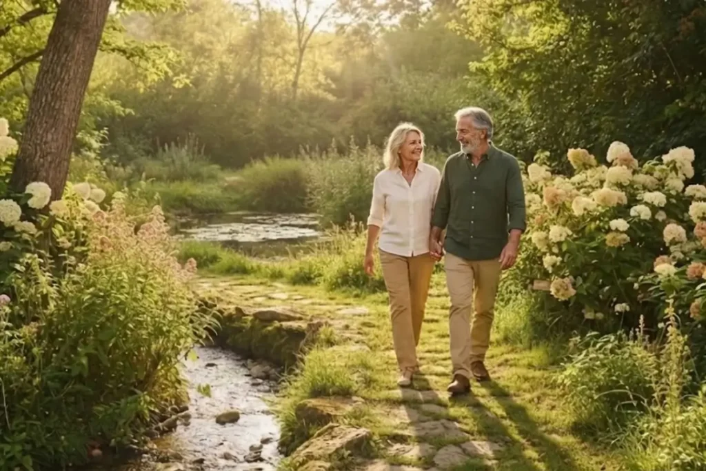 Couple de seniors se promenant dans un jardin