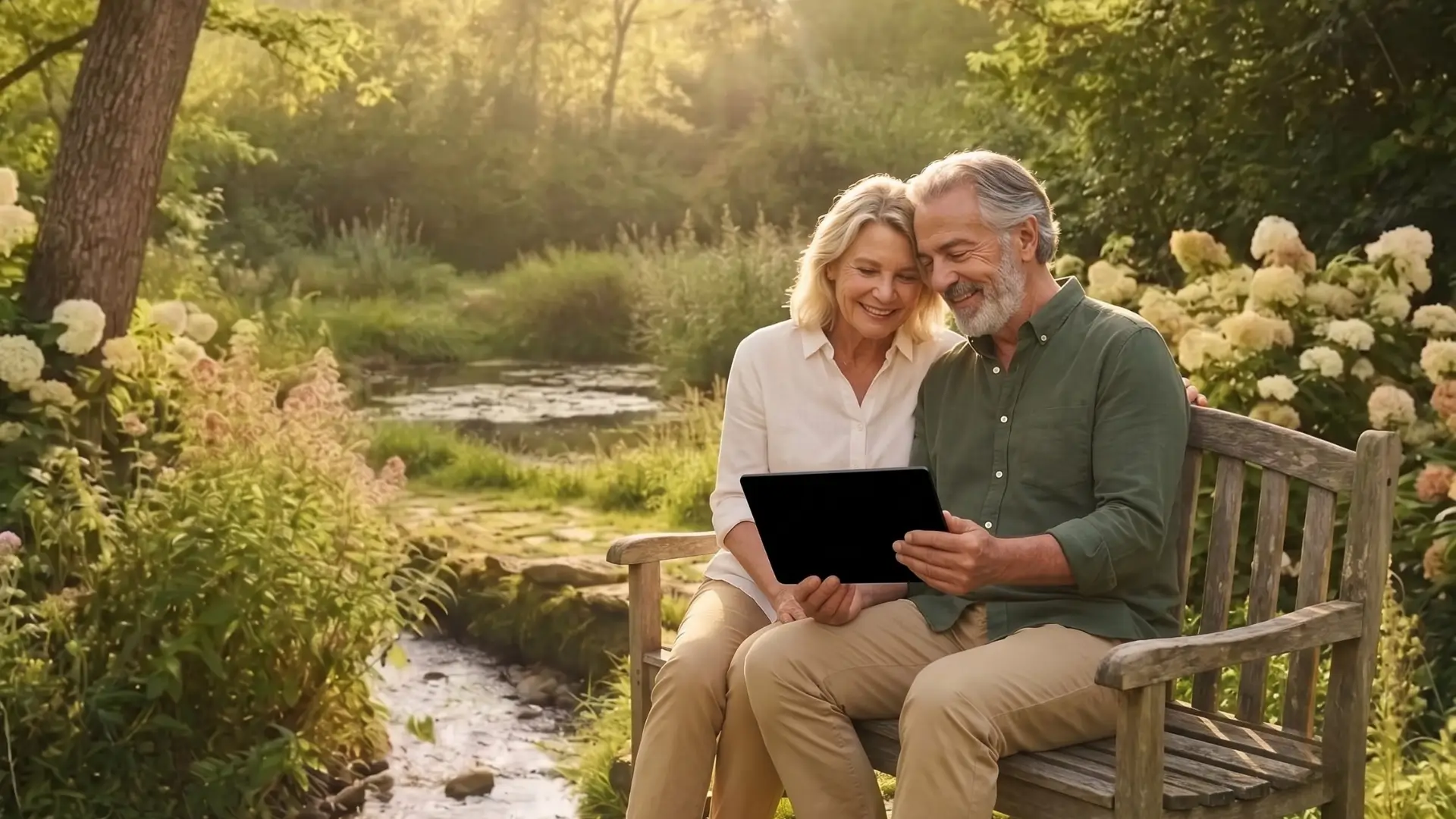 Couple de seniors assis sur un banc consultant une tablette