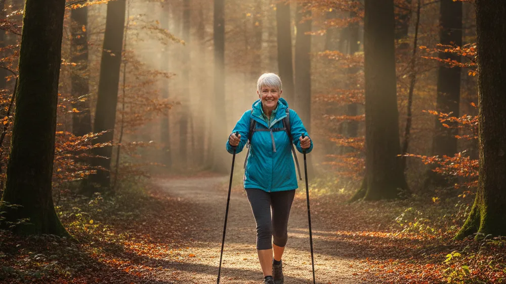 Senior pratiquant la marche nordique en forêt
