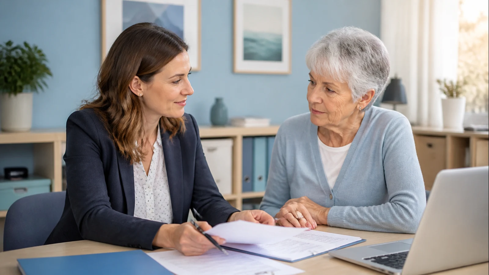Conseillère sociale accompagnant un senior pour une demande de pension