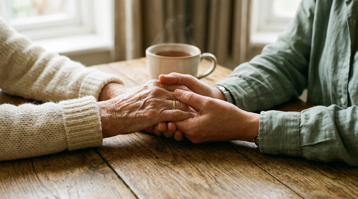 Mains d'une femme aidante et de sa mère âgée entrelacées sur une table, tasse de thé à côté