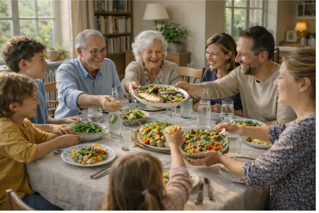 Grande tablée familiale multigénérationnelle avec grands parents entourés de leurs proches autour d'un repas convivial et coloré : lien social essentiel pour l'alimentation des seniors
