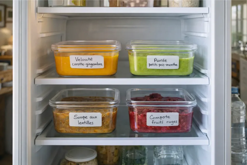 Réfrigérateur ouvert avec contenants en verre étiquetés contenant des portions de soupes et purées nutritives préparées en avance : batch cooking pour personnes âgées