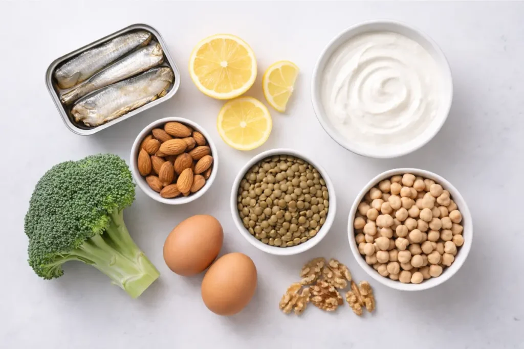 Flatlay de sources alimentaires des nutriments essentiels pour seniors : sardines, yaourt, brocoli, amandes, oeufs, légumineuses et noix sur fond blanc