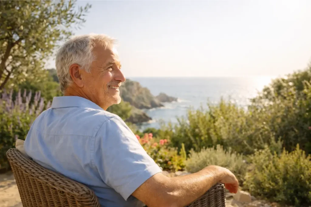 Homme senior souriant profitant du soleil dans un jardin provençal ensoleillé pour la synthèse naturelle de vitamine D après 50 ans