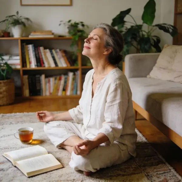 opier-coller : Texte alt (Alt text) : Femme senior en tenue décontractée assise en tailleur dans son salon lumineux, respirant calmement avec un livre et du thé à côté