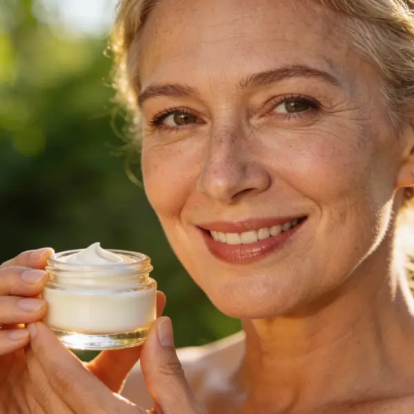 Femme souriante de 50+ ans tenant un pot de crème visage naturelle, dans un décor vert et lumineux