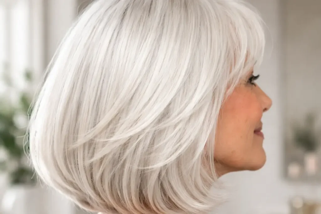 Cheveux blancs brillants sans reflets jaunes grâce aux soins adaptés
