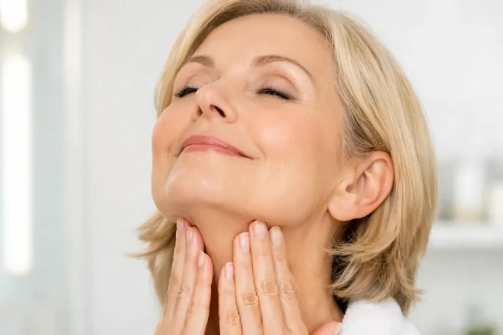 Technique de massage anti-rides du cou avec geste ascendant raffermissant