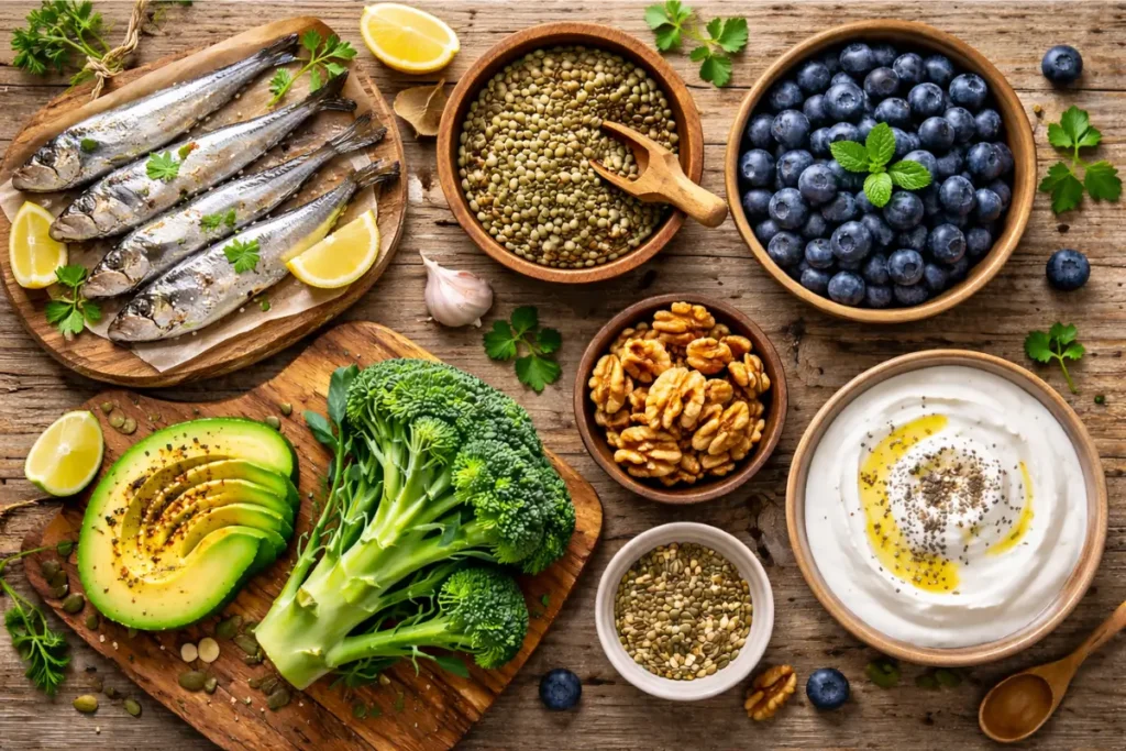 Vue en plongée de super aliments pour seniors : sardines, lentilles, avocat, brocoli, myrtilles, noix et yaourt sur table en bois