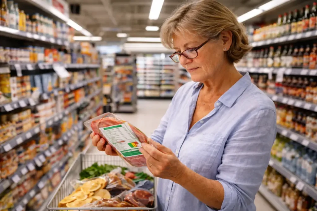 Femme senior avec lunettes lisant attentivement l'étiquette nutritionnelle d'un produit alimentaire au supermarché : vigilance après 45 ans