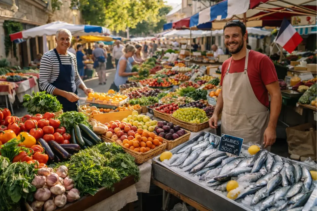 Marché provençal coloré et animé avec légumes frais, herbes aromatiques et poissons : les meilleures alternatives naturelles aux aliments industriels après 45 ans