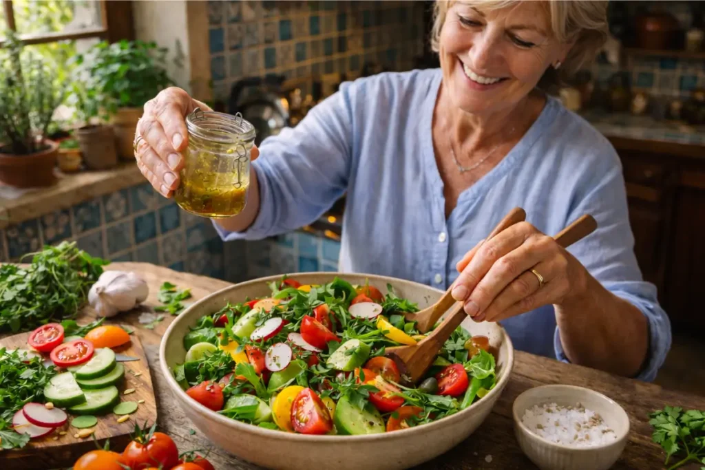 Mains de senior préparant une salade fraîche et colorée dans une cuisine française ensoleillée, recette saine pour bien vieillir