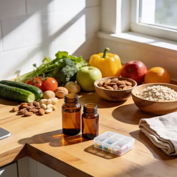 Plan de travail en bois avec aliments bio variés et flacons de vitamines et compléments, dans une cuisine lumineuse