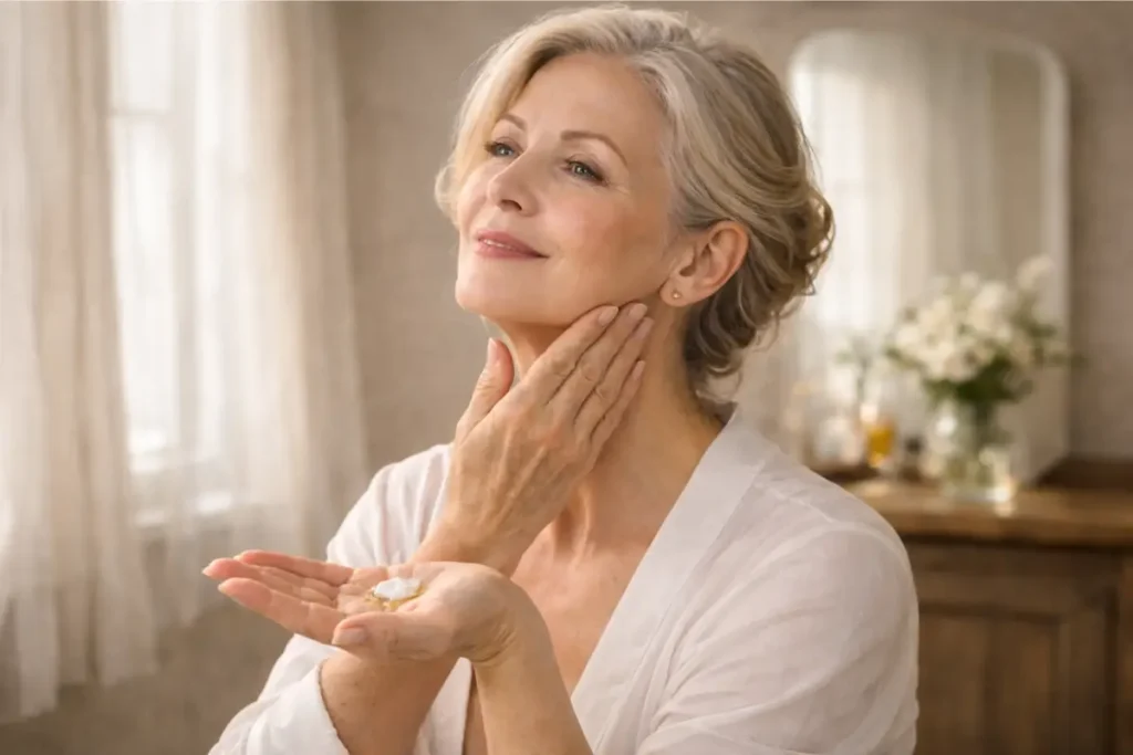 Femme senior mélange huile végétale crème visage massage naturel technique