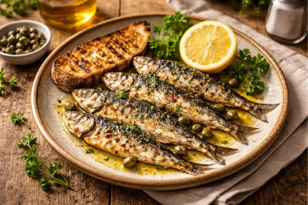 Sardines fraîches grillées sur ardoise avec pain de seigle, câpres et citron , super-aliment riche en oméga-3, calcium et protéines pour les seniors de plus de 50 ans