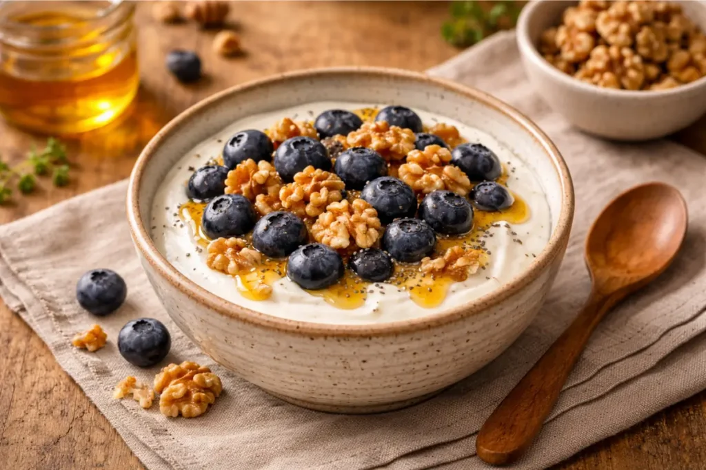 Bol de yaourt fermier crémeux garni de myrtilles fraîches, cerneaux de noix et miel : petit-déjeuner antioxydant et probiotique idéal pour les seniors après 50 ans