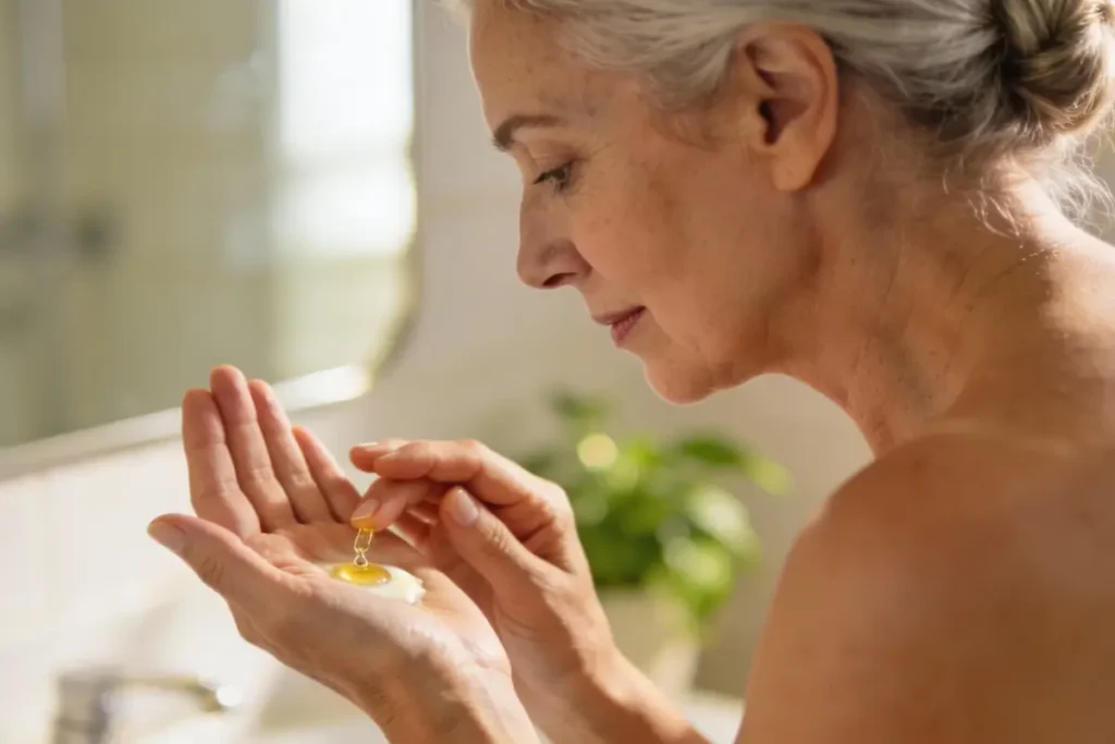Femme senior mélangeant huile végétale et crème visage peau mature