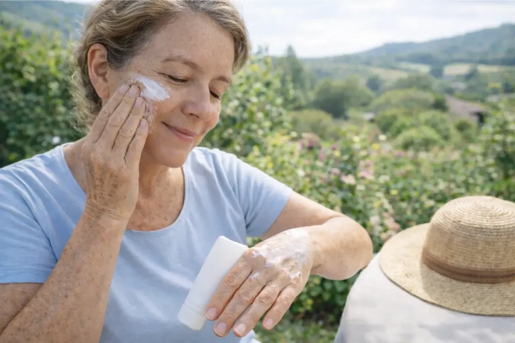 Application crème solaire visage mains prévention boutons vieillesse seniors
