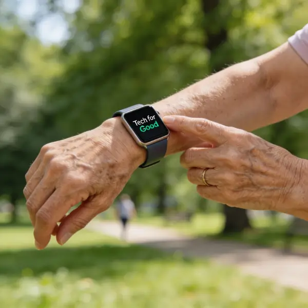 Poignet d’une femme senior portant une montre connectée, consultant ses données lors d’une marche en plein air