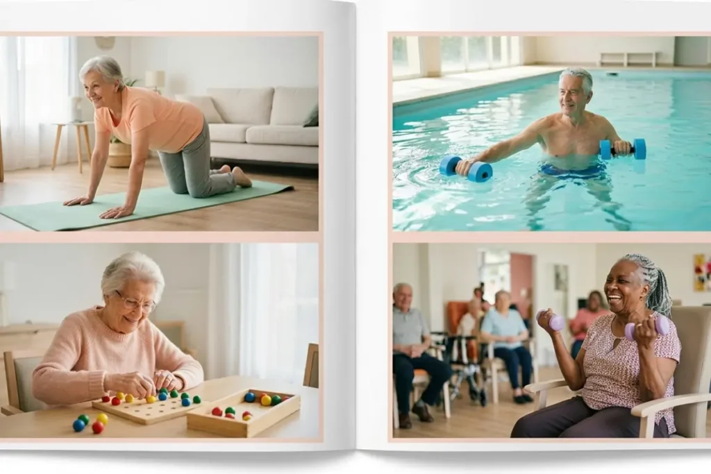 quatre activités physiques adaptées aux seniors : gym douce, aquagym, motricité, sport sur chaise