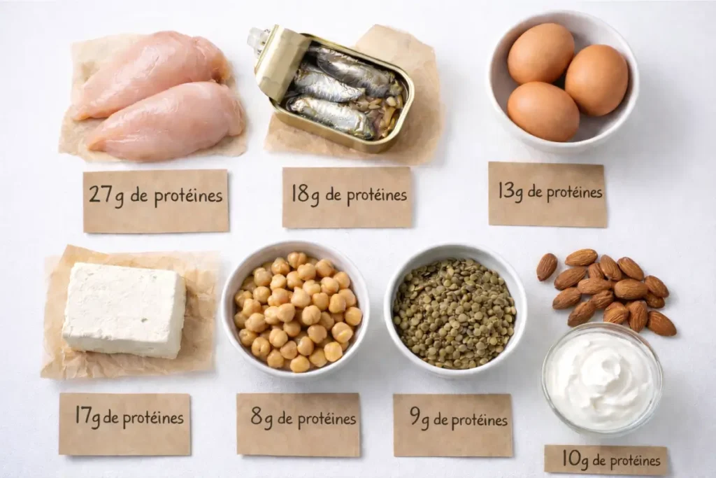 Flatlay des meilleures sources de protéines pour femme 50 ans : poulet, sardines, oeufs, tofu, pois chiches, lentilles, yaourt grec et amandes sur fond blanc avec étiquettes protéines