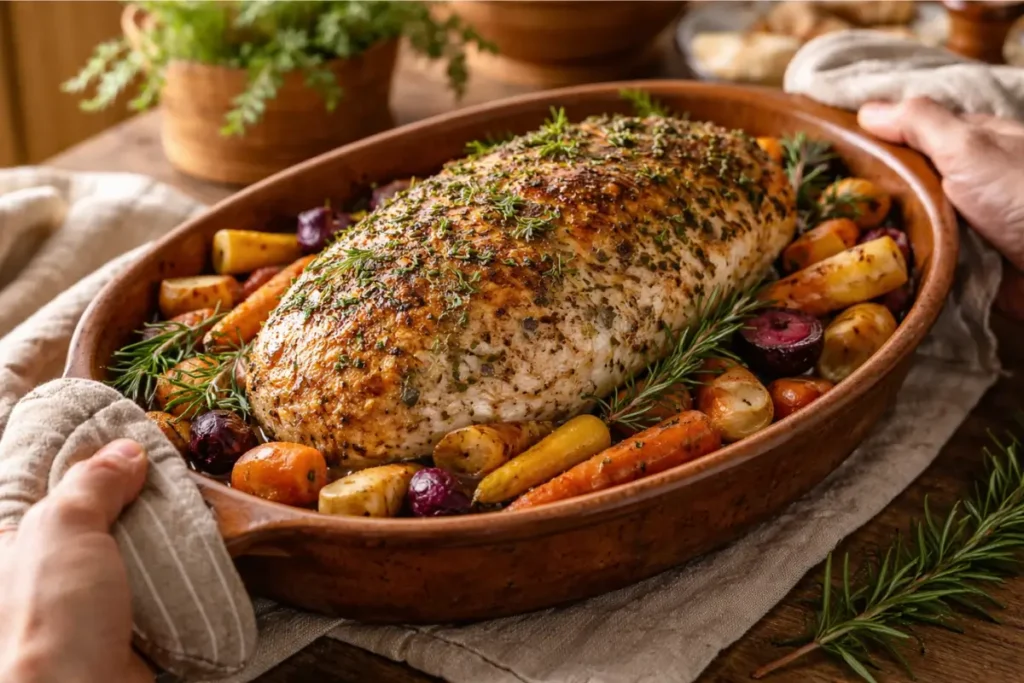 Rôti de dinde doré aux herbes de Provence avec légumes racines rôtis colorés dans plat en terre cuite , repas dominical riche en protéines pour femme de 50 ans