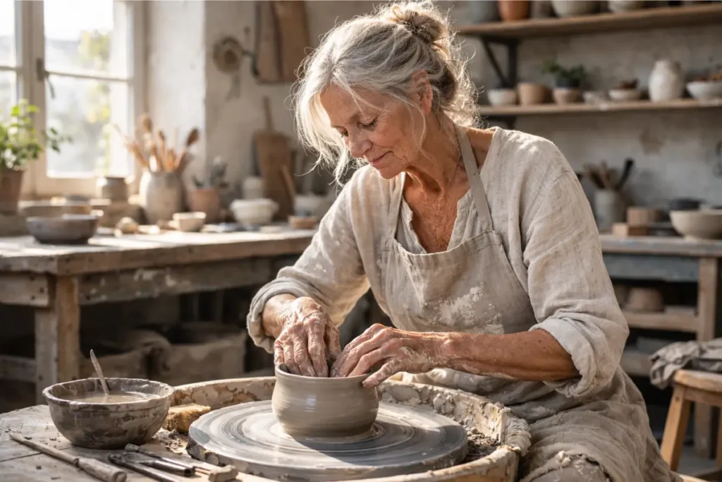 Femme âgée pratiquant la poterie, activité manuelle personnes âgées pour le bien-être