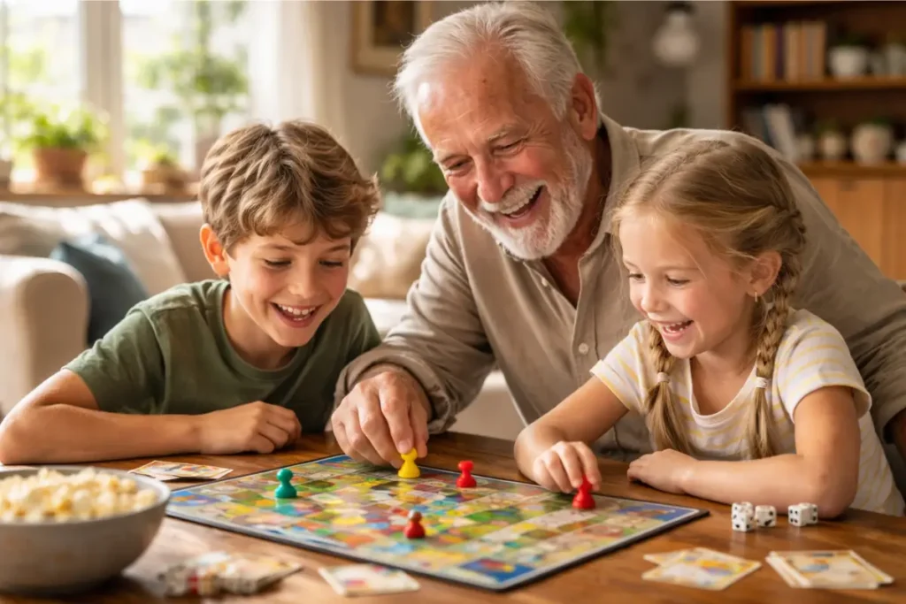 Grand-père jouant à un jeu de société avec ses petits-enfants, jeu de société intergénérationnel pour seniors