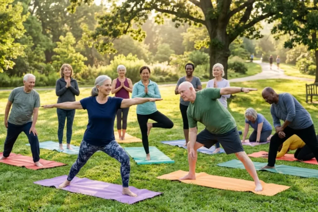 Seniors pratiquant le yoga en plein air, animation physique douce pour personnes âgées