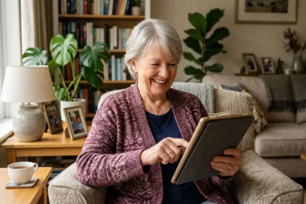 Femme âgée utilisant une tablette pour participer à une animation numérique à domicile