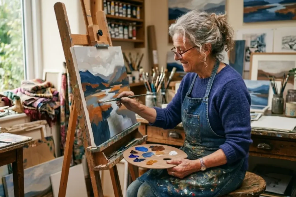 Femme retraitée peignant dans un atelier, occupation créative pour la retraite