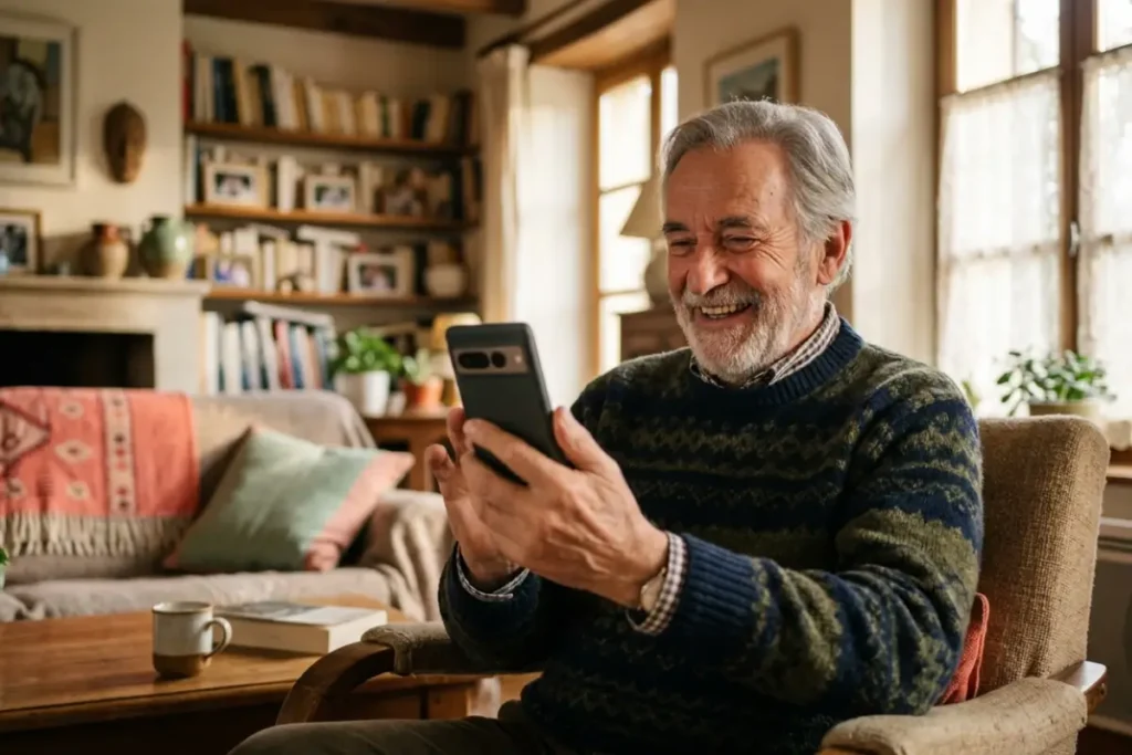 smartphone senior appel vidéo salon chaleureux mode simplifié usage quotidien