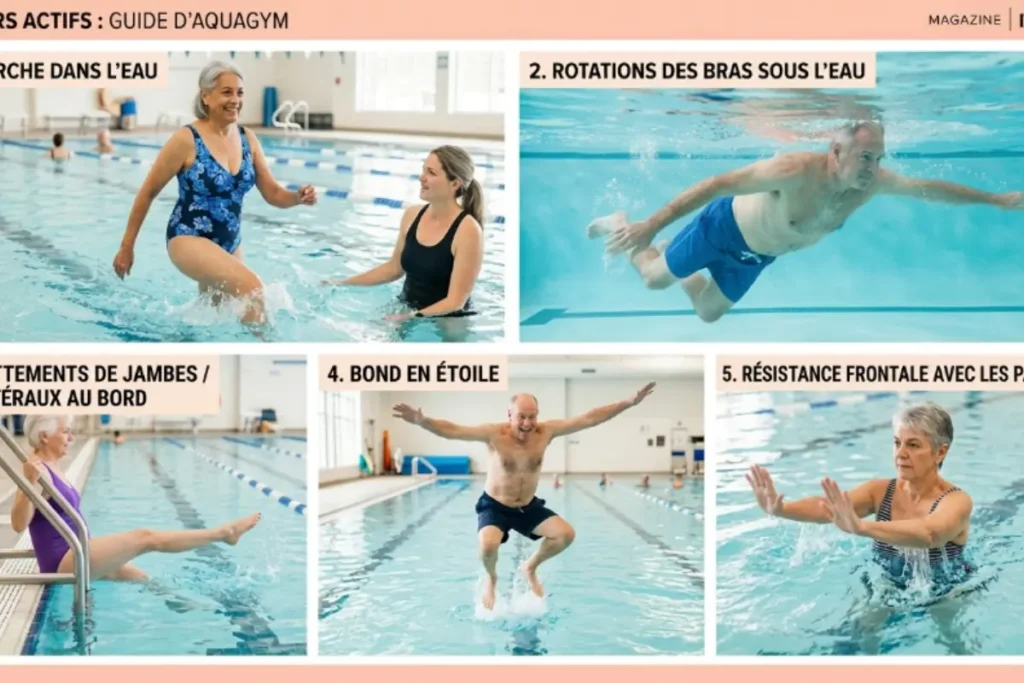 cinq exercices d’aquagym pour seniors : marche, rotations, kicks, rebonds, résistance