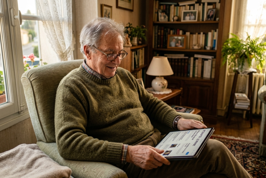 tablette senior autonomie lecture presse fauteuil salon confort