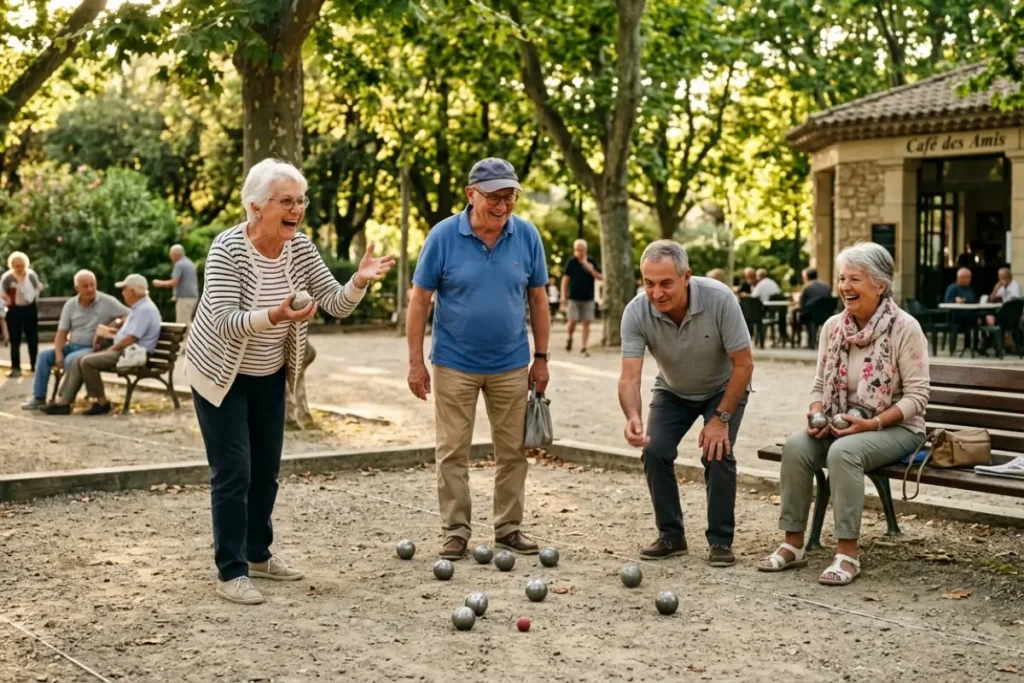 Groupe de personnes âgées jouant à la pétanque dans un parc, jeux pour personnes âgées en plein air