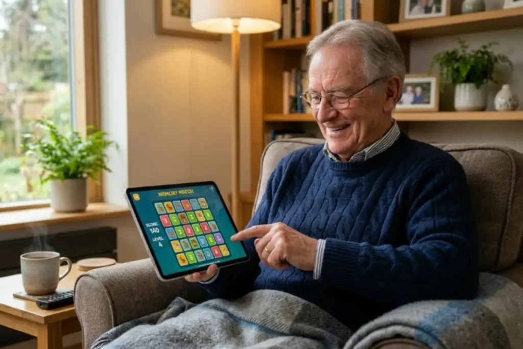 Homme  âgé jouant à un jeu de mémoire sur tablette, jeux numériques pour personnes âgées