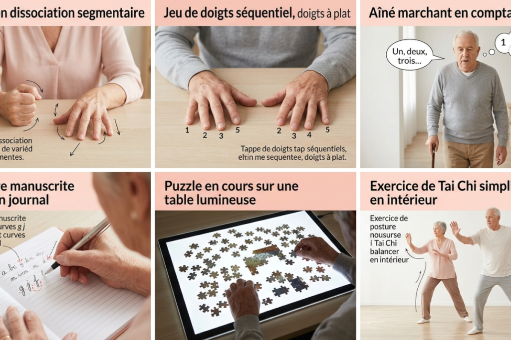 six exercices de motricité pour personnes âgées : dissociation, doigts, marche, écriture, puzzle, tai-chi