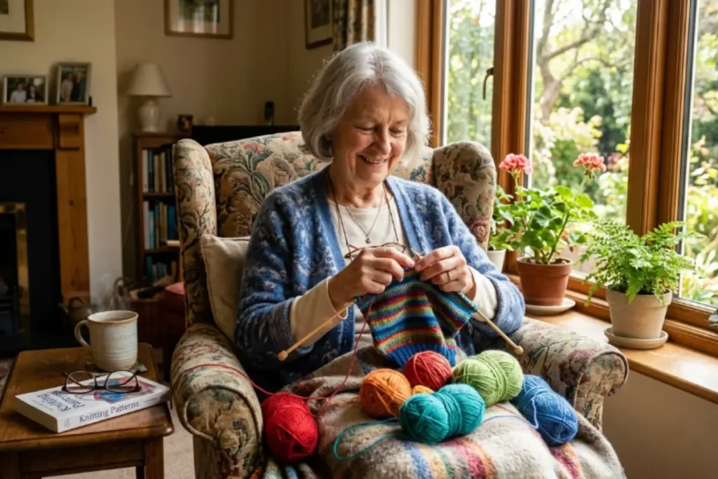 Femme âgée tricotant chez elle près d'une fenêtre, activité manuelle personnes âgées tricot