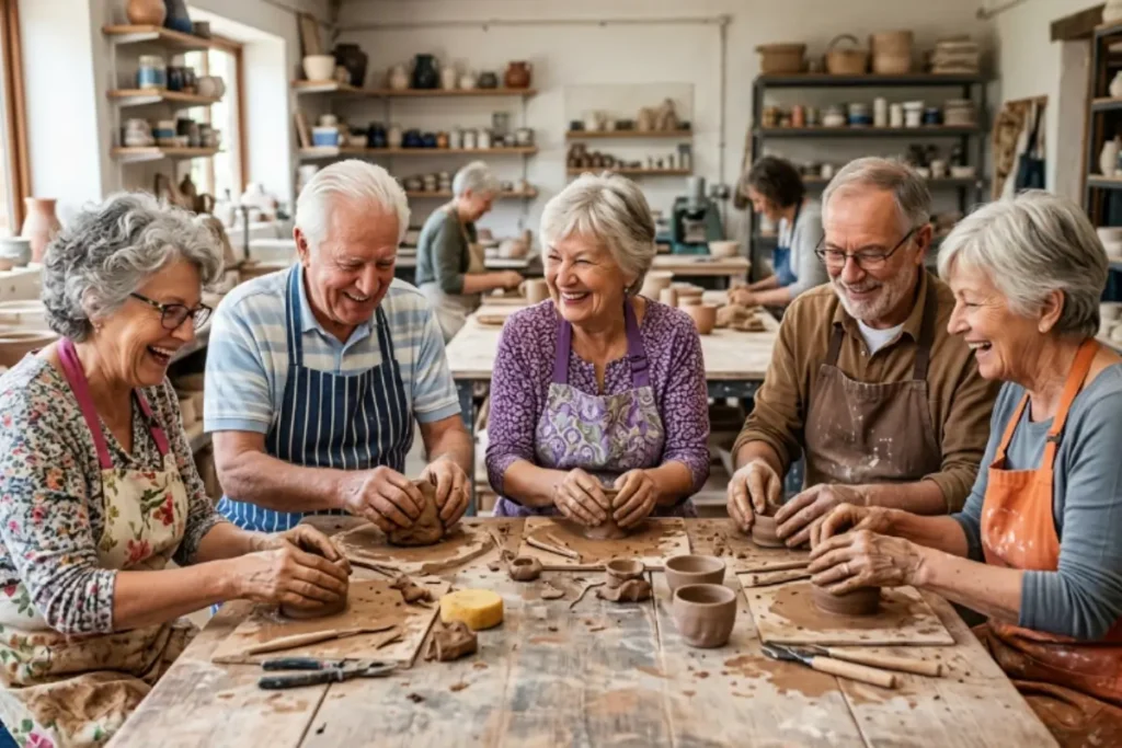 Groupe de personnes âgées pratiquant la poterie ensemble, activité manuelle collective pour seniors