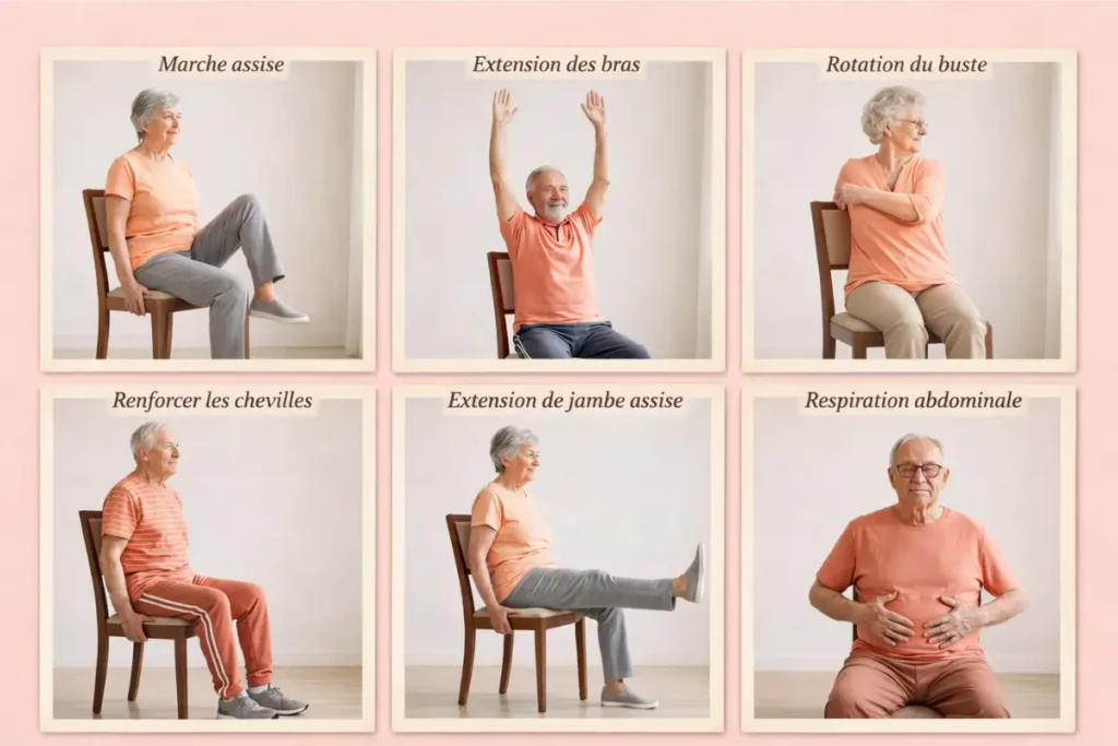 six exercices de sport sur chaise pour seniors : marche assise, bras, buste, chevilles, jambes, respiration