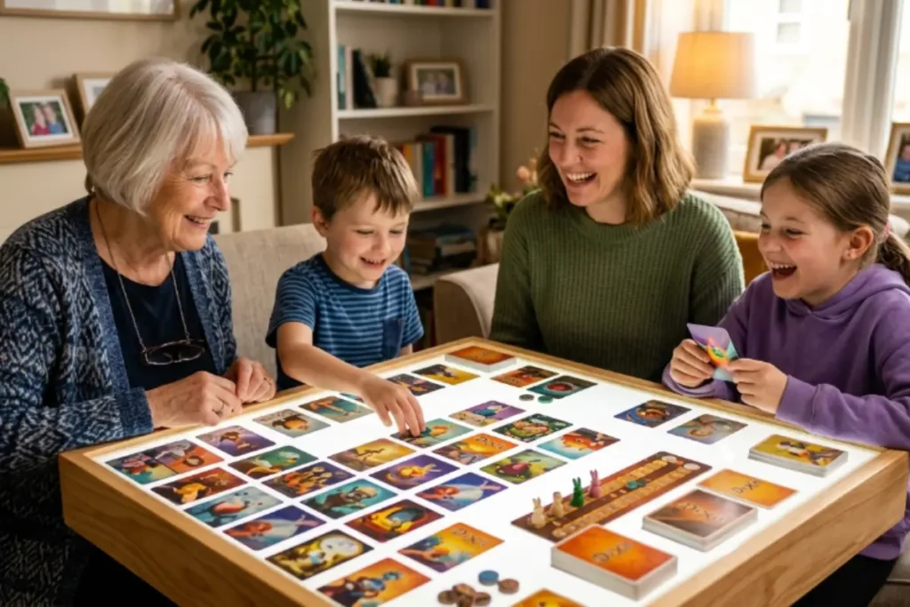 Groupe multigénérationnel jouant à Dixit ensemble, jeux de société intergénérationnel pour seniors et enfants