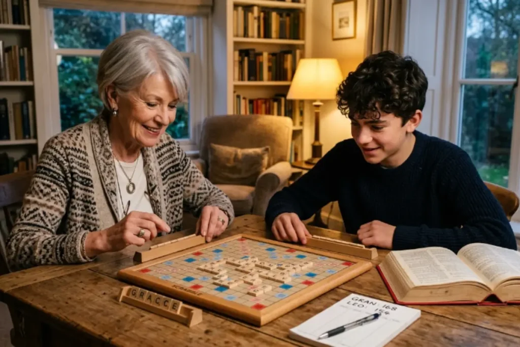 Grand-mère et petit-fils jouant au Scrabble ensemble, jeux de société intergénérationnel pour seniors