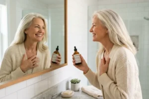 femme de 60 ans utilisant un traitement contre la chute de cheveux femme 60 ans