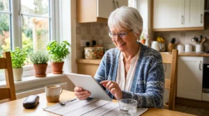 femme senior souriante apprenant internet senior débutant avec une tablette