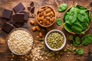 aliments riches en magnésium senior disposés sur une table en bois