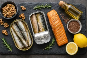assiette de saumon et noix illustrant les oméga 3 senior pour les seniors