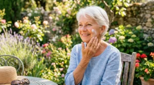 femme senior appliquant sa protection solaire senior sur le visage au jardin