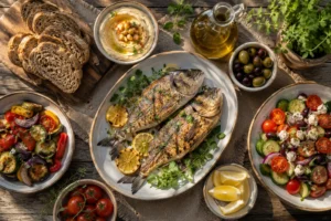 assiette colorée de légumes et poissons pour le régime méditerranéen senior